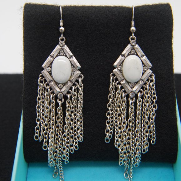 Very Nice Cream Colored Round Stone Encrusted with Dangle Chain Earrings - Picture 4 of 4